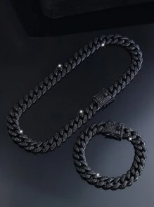 2pcs Black Cuban Chains Necklace And Bracelet Set,Men's Chain Choker Necklace Hip Hop Jewelry Set,Fashion Rapper's Jewelry ,Perfect Gift For Boyfriend,Son And Dad