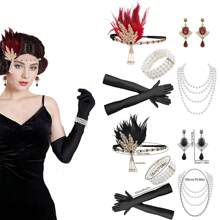 7pcs/Set 1920s Women's Wedding Party Makeup Dancing Ball Red Headpiece Earrings Pearl Bracelet Long Pearl Necklace Hairband Vintage Sexy Luxurious 5Pcs Set Holiday Party Outfit Prom - A - View 5