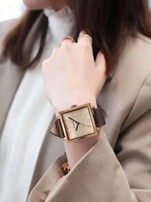 TINE 1 件时尚方形经典 PU 皮革女士手表，休闲街头风格石英腕表，适合商务、日常佩戴、礼物、返校季、学生用品 - 棕色 - 查看 2