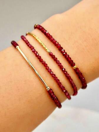 4pcs Retro Red Faux Crystal Beaded Gold Tube Elastic Bracelet Set, Suitable For Women Daily Wear And Couple