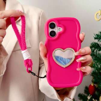 1 件可爱糖果色波浪心形钻石化妆镜，带毛绒挂绳，兼容 Apple 16、16Pro、16Plus、16ProMax、Infinix Smart 8/Infinix Hot 40i/Tecno Spark 20/Tecno Spark 20C/Tecno Spark Go 2024，轻巧便携