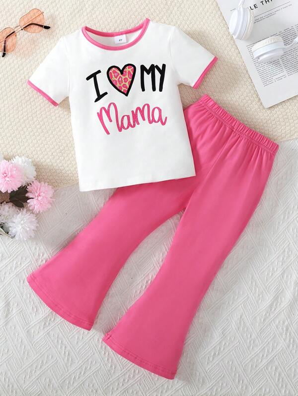Conjunto de top corto de manga corta con estampado "I Love Mom" y pantalones acampanados de color contrastante para niñas, conjunto de primavera/verano casual para uso en exteriores