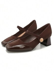 Sandalias con tacón de bloque de punta cuadrada, decoradas con strass y cierre de gancho y bucle, para uso casual y al aire libre, de moda con tacones altos para primavera y otoño - Marrón - Ver 5