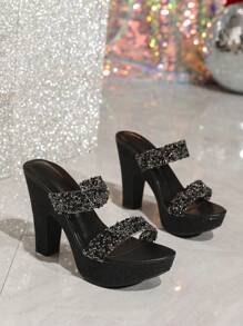 Women's Black Chunky Heel Waterproof Platform Sandals With Sequined Decor, Mules Suitable For Party, Runway, Thick Bottom Strap High Heel Sandals