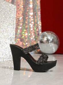 Women's Black Chunky Heel Waterproof Platform Sandals With Sequined Decor, Mules Suitable For Party, Runway, Thick Bottom Strap High Heel Sandals