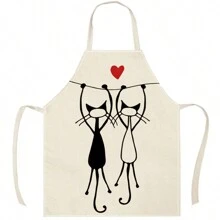 1/2pcs Black & White Cat Printed Linen Couple Apron, Creative Funny Fashion Printed Waterproof Oil-Proof Easily Washed Household Cleaning Cooking Baking Apron, Creative Home Apron, Work Uniform - Multicolor - View 9
