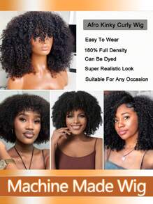 Tóc giả xoăn xoăn Afro Kinky Remy Human Hair có mái bằng tóc bob nguyên chất làm bằng máy 180% mật độ màu đen tự nhiên phù hợp với phụ nữ - Natural Black - Xem 3