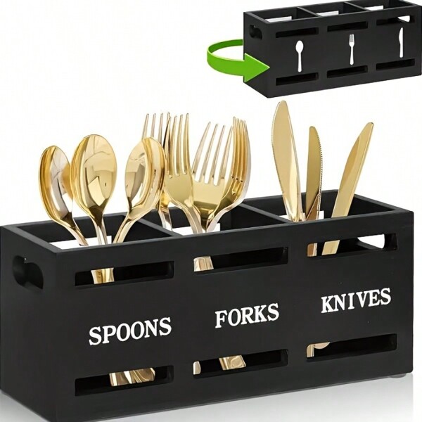 1 pieza Cesto de madera para utensilios con 3 compartimentos, portautensilios de gran capacidad, portautensilios multiusos, cesta para cubiertos, elegante portacubiertos para tenedores, cucharas y cuchillos
