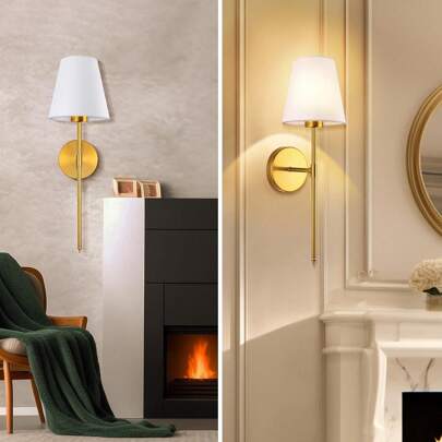 2 set vägglampor i vintage-stil i industriell stil, guld/svart färg, badrumslampor med vita skärmar, lämpliga för sovrum, vardagsrum, hall, kök (glödlampor ingår ej)