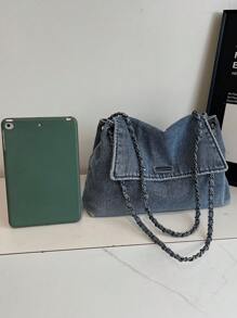 New Fashion Casual Solid Color Washed Canvas Fabric Metal Chain Strap Flap Women's Shoulder Bag
