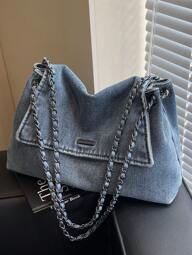 New Fashion Casual Solid Color Denim Effect Metal Chain Strap Flap Cover Women Shoulder Bag , Office Bag , Beach