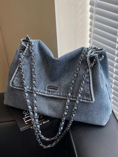 Nuevo bolso de hombro de mujer con efecto denim, unicolor casual, tapa con cadena metálica