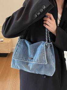 New Fashion Casual Solid Color Washed Canvas Fabric Metal Chain Strap Flap Women's Shoulder Bag