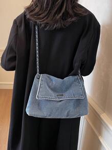 New Fashion Casual Solid Color Washed Canvas Fabric Metal Chain Strap Flap Women's Shoulder Bag