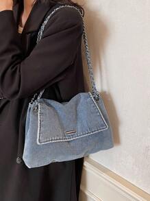 New Fashion Casual Solid Color Washed Canvas Fabric Metal Chain Strap Flap Women's Shoulder Bag