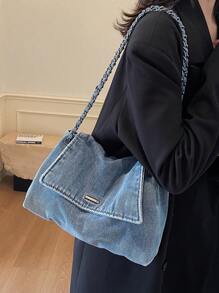 New Fashion Casual Solid Color Washed Canvas Fabric Metal Chain Strap Flap Women's Shoulder Bag