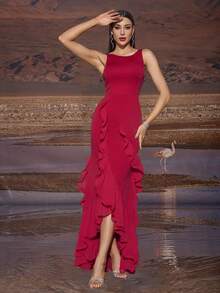 女士纯色圆领无袖不对称荷叶边下摆晚礼服，优雅正式舞会礼服，适合婚礼嘉宾、毕业典礼、晚宴 - 紅色 - 查看 4