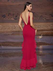 女士纯色圆领无袖不对称荷叶边下摆晚礼服，优雅正式舞会礼服，适合婚礼嘉宾、毕业典礼、晚宴 - 紅色 - 查看 2