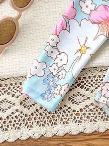 Young Girl Floral Print Round Neck Zip-Up Half Placket Long Sleeve Unitard Swimsuit - Baby Blue - View 4