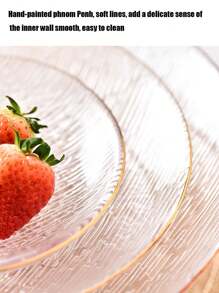 1pc Modern Minimalist Glass Plate For Home & Dining, Transparent Striped Gold Rimmed Dessert, Fruit & Salad Serving Platter