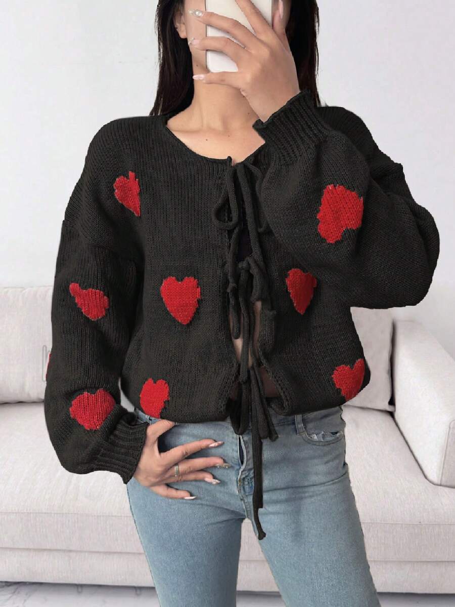 Áo len cardigan tay dài màu trơn thời trang mới thu đông đơn giản kiểu Pháp thắt nơ và họa tiết tình yêu cho nữ - màu đen - Xem 1
