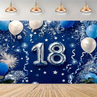 1 件 18 岁生日快乐主题摄影背景，蓝色和银色 18 岁生日装饰背景，圣诞节婚礼生日横幅，蛋糕桌用品，拍照道具