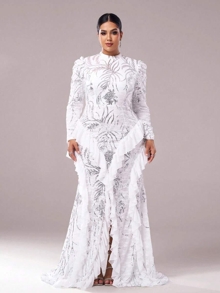 seomiscky Plus Size Women Formal Sequin & Mesh Patchwork Design Party Dress, Wedding Guest Dress, Evening Dress,Gown - White - View 1