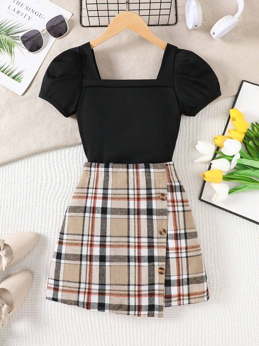 2pcs/Set Tween Girl 8-12 Years Old Casual Sports Suits, Square Collar Puff Sleeve T-Shirt & Plaid Skirt, Collegiate Style Summer Outfit, Perfect Gift - Black - View 1