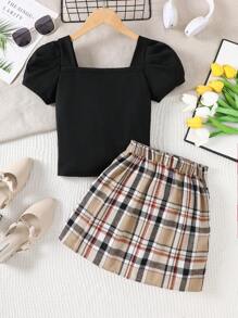 2pcs/Set Tween Girl 8-12 Years Old Casual Sports Suits, Square Collar Puff Sleeve T-Shirt & Plaid Skirt, Collegiate Style Summer Outfit, Perfect Gift - Black - View 3