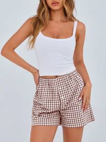 Women's Boxer Shorts Summer Dopamine Casual Home Sleeping Plaid Pj Button Front Y2K Plaid Pajama Shorts - Coffee Brown - View 5