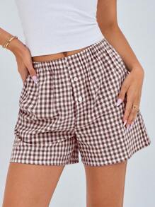 Women's Boxer Shorts Summer Dopamine Casual Home Sleeping Plaid Pj Button Front Y2K Plaid Pajama Shorts - Coffee Brown - View 1