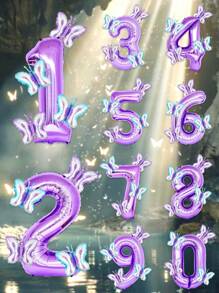 5pcs 40-Inch Purple Number Foil Balloons + Mini Butterfly Balloons, Suitable For Birthday Party Decorations - Multicolor - View 1