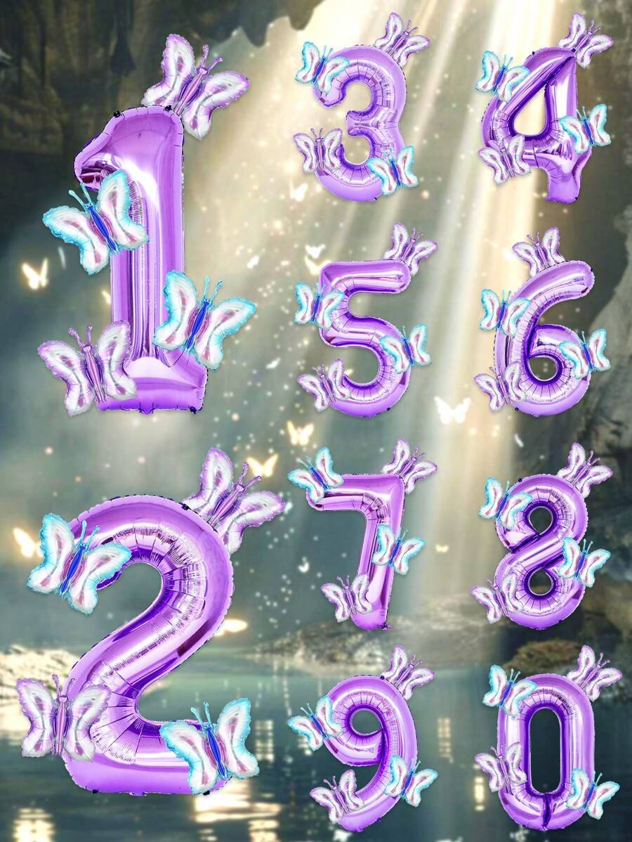 5pcs 40-Inch Purple Number Foil Balloons + Mini Butterfly Balloons, Suitable For Birthday Party Decorations - Multicolor - View 1