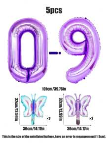 5pcs 40-Inch Purple Number Foil Balloons + Mini Butterfly Balloons, Suitable For Birthday Party Decorations - Multicolor - View 2