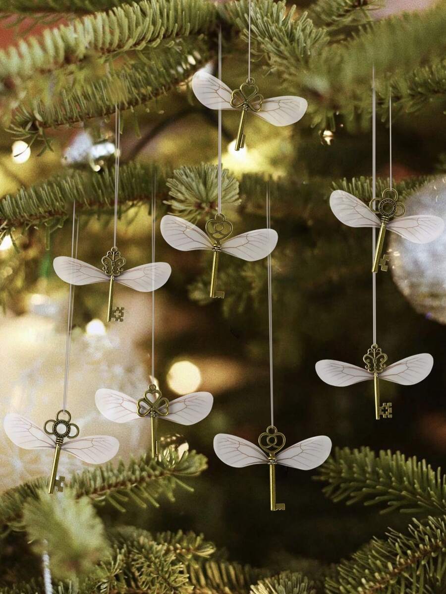 17pcs/8sets Keys Metal Pendants Vintage Skeleton Key Flying Key Pendant With Dragonfly Wings&1 Roll Thread,DIY Jewelry Show, Wedding Party & Indoor Decor,Decorative Pendants&DIY Craft For Jewelry Wedding Decorations Birthday Party Gifts Hanging Supplies - Multicolor - View 1