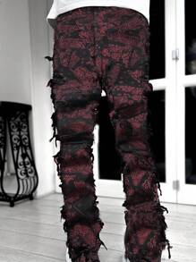 Men's Fashion Printed Fringe Jeans, Grunge - Black - View 2