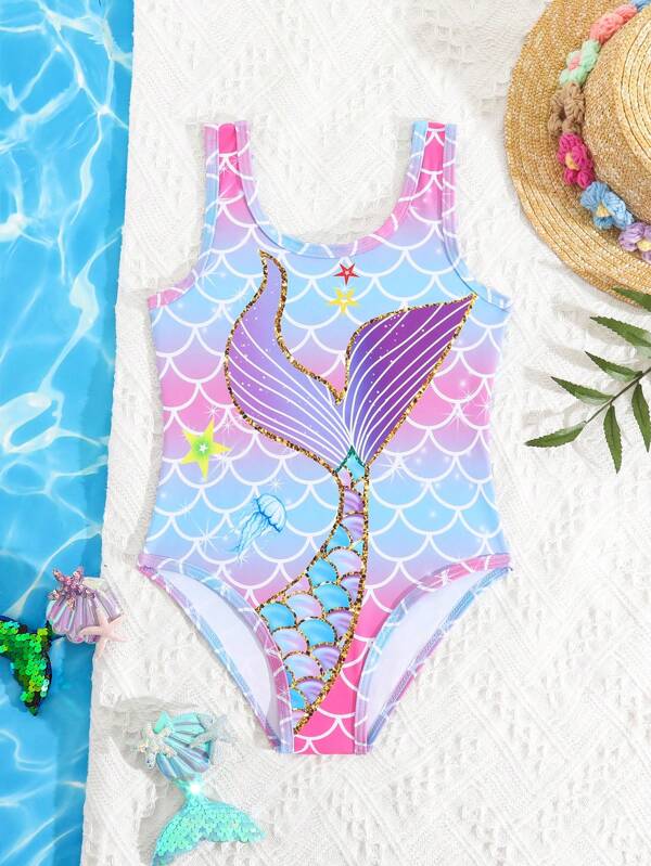 Young Girl Cartoon Mermaid Scale Print One-Piece Swimsuit