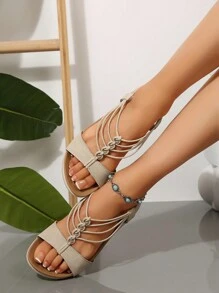 2024 New Spring/Summer Vintage Beaded Woven Slip-On Open Toe Flat Sandals - Beige - View 7