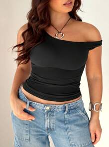 Mystra Plus Size Asymmetric Neckline Solid Color Pleated Short Sleeve Top, Summer