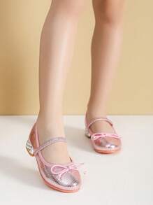 Zapatos de tacón alto con lazo rosa para niñas, zapatos de muñeca para niñas