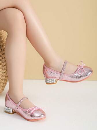 粉色蝴蝶结女童高跟鞋，儿童女童娃娃鞋
