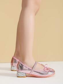 Zapatos de tacón alto con lazo rosa para niñas, zapatos de muñeca para niñas