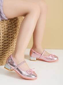 Zapatos de tacón alto con lazo rosa para niñas, zapatos de muñeca para niñas