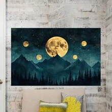 Night Sky Stars, Vintage Cloudy Landscape, Celestial Moon Canvas, Living Room And Office Wall Art