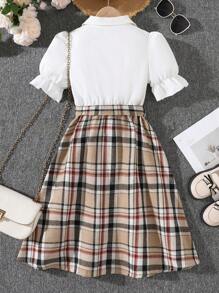 8-12 岁女童时尚休闲运动连衣裙，衬衫领格子拼接连衣裙，淑女风格夏装，馈赠佳品 - 白色 - 查看 2