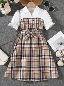 8-12 岁女童时尚休闲运动连衣裙，衬衫领格子拼接连衣裙，淑女风格夏装，馈赠佳品 - 白色 - 查看 1