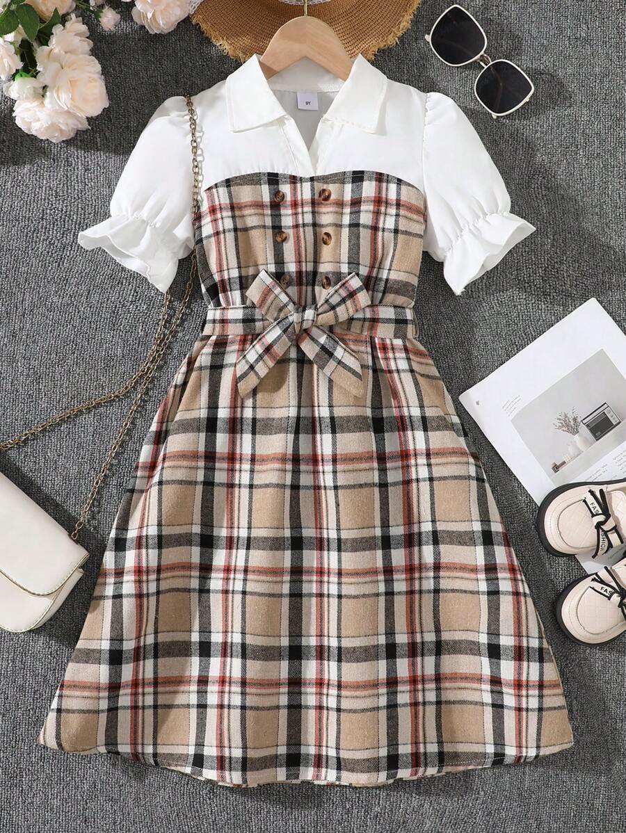 8-12 岁女童时尚休闲运动连衣裙，衬衫领格子拼接连衣裙，淑女风格夏装，馈赠佳品 - 白色 - 查看 1