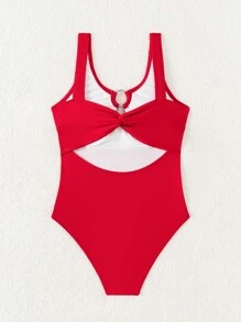 Tween Girl Bright Red One-Piece Swimsuit, Vacation/Beach - Red - View 2