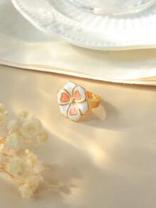 1pc Double-Color Drip Oil Heart Flower Ring For Women, Cute & Sweet Daily Versatile Band, Suitable For Everyday Wear And Gift