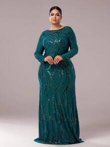 seomiscky 女士加大码长袖亮片装饰紧身连衣裙、晚礼服、派对礼服、婚礼宾客礼服、正式礼服 - 綠色 - 查看 1